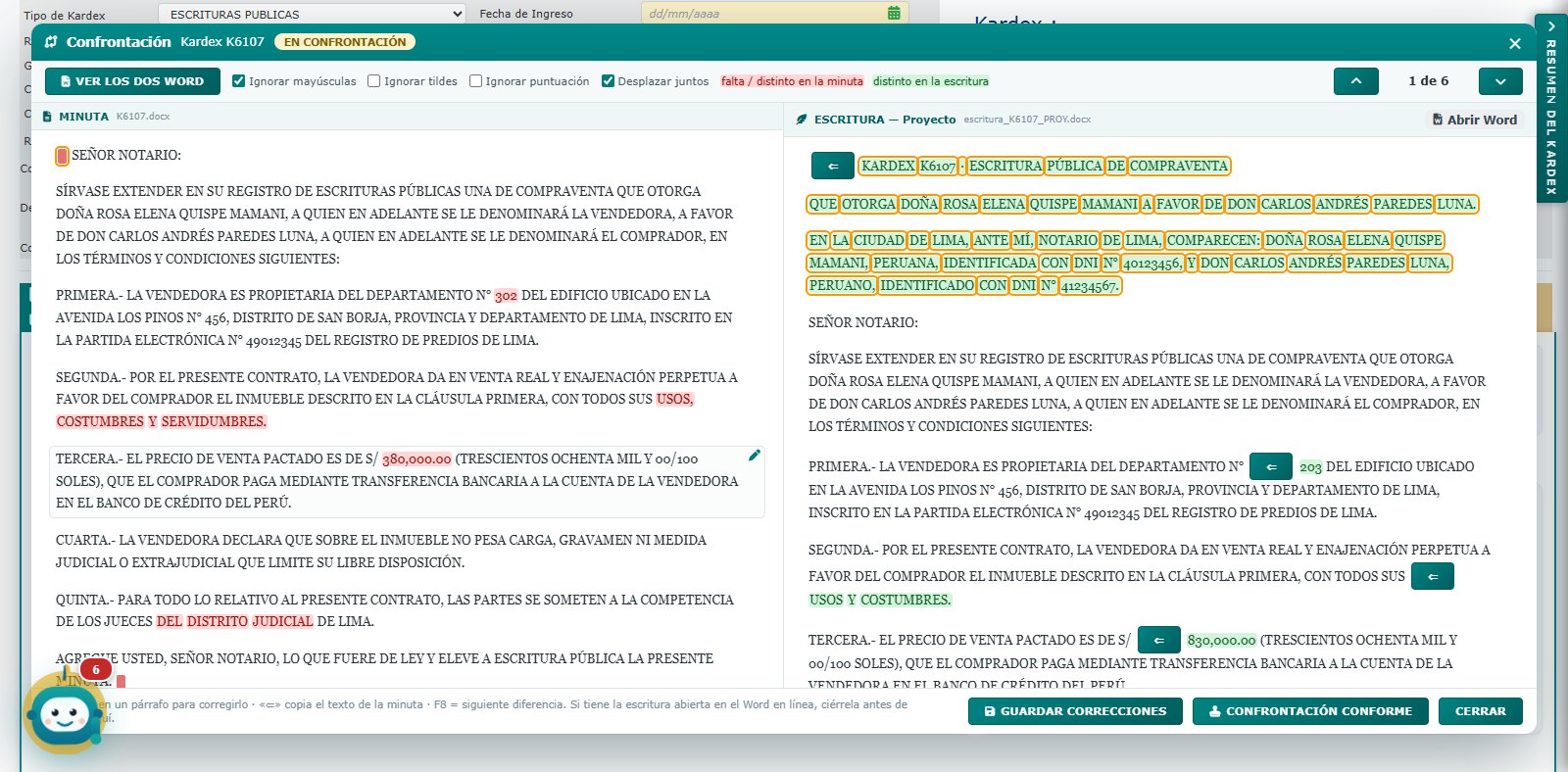 La minuta y la escritura lado a lado, con las diferencias marcadas en rojo y verde