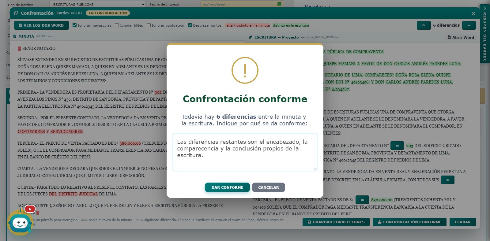 Confrontación conforme, con su observación