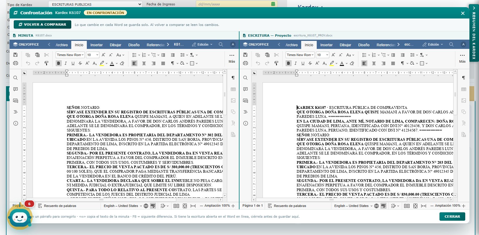 La minuta y la escritura en el Word del sistema, lado a lado