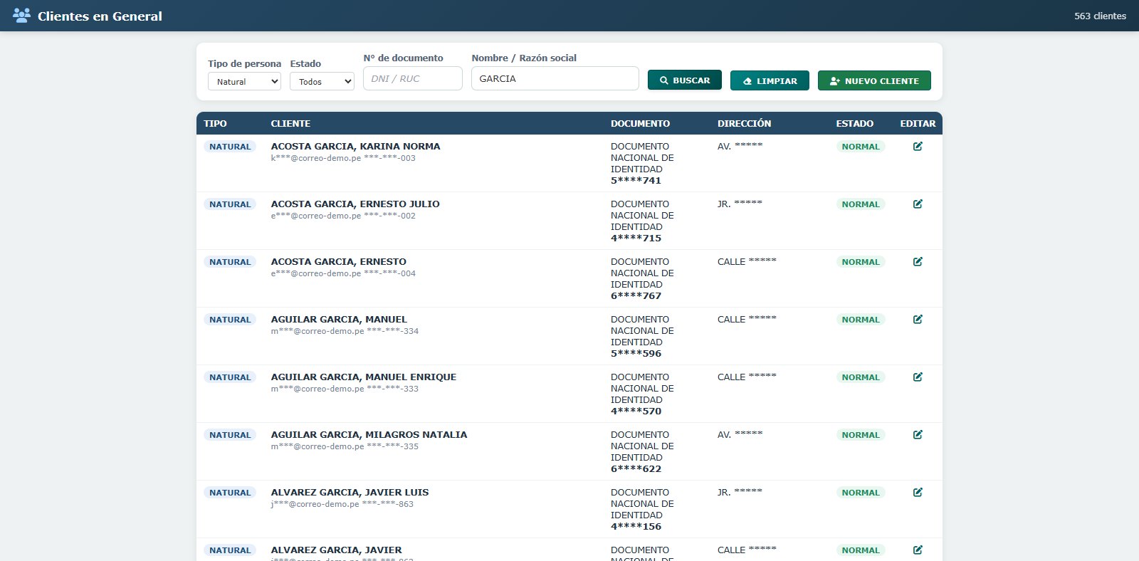 Lista de clientes vista por un usuario sin permiso: documento, correo, celular y dirección con asteriscos