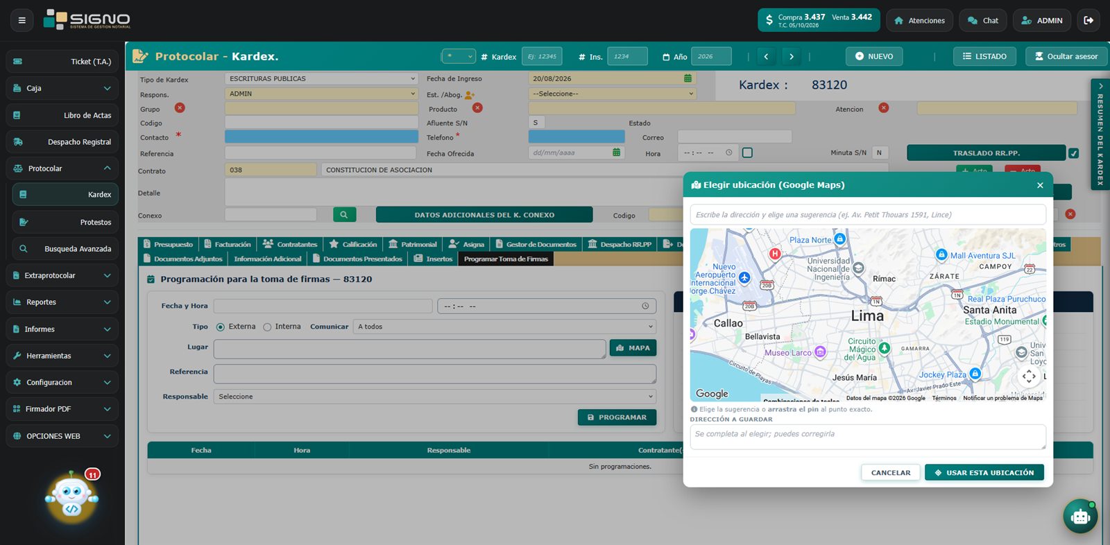 Programar toma de firmas con mapa