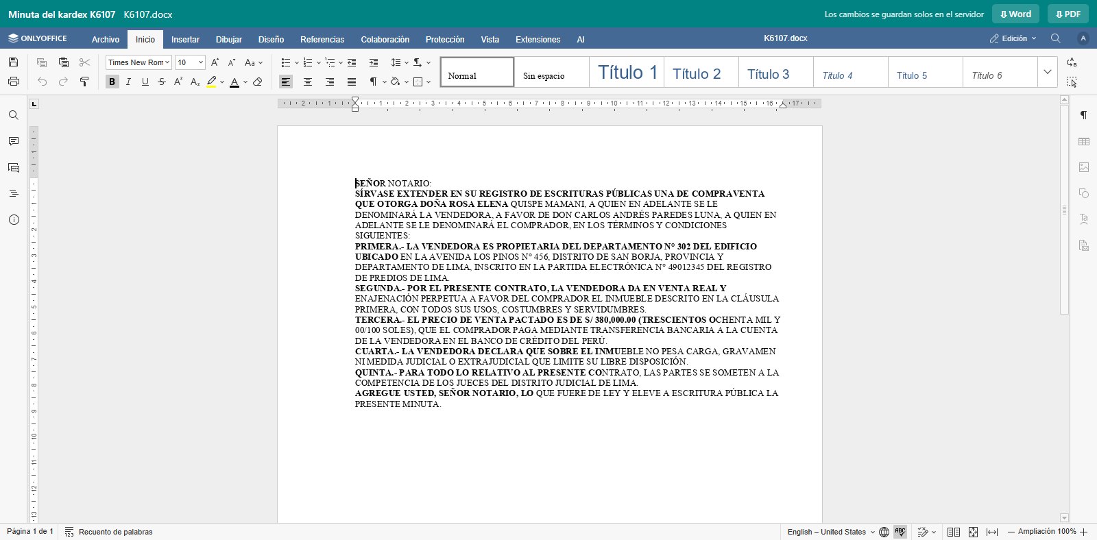 Minuta en el Word del sistema: se descarga en Word o PDF