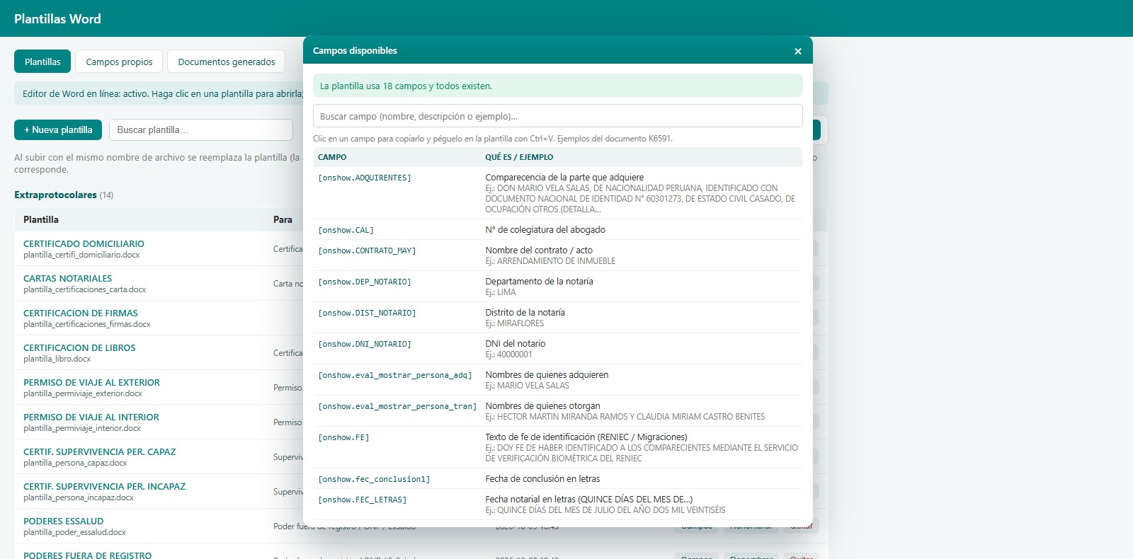 Panel de campos con ejemplos reales