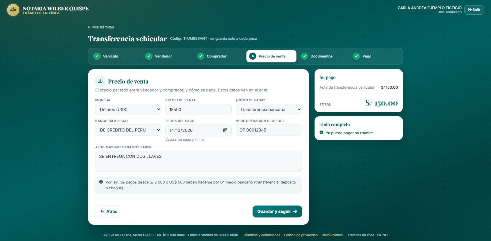 Precio y medio de pago de la venta