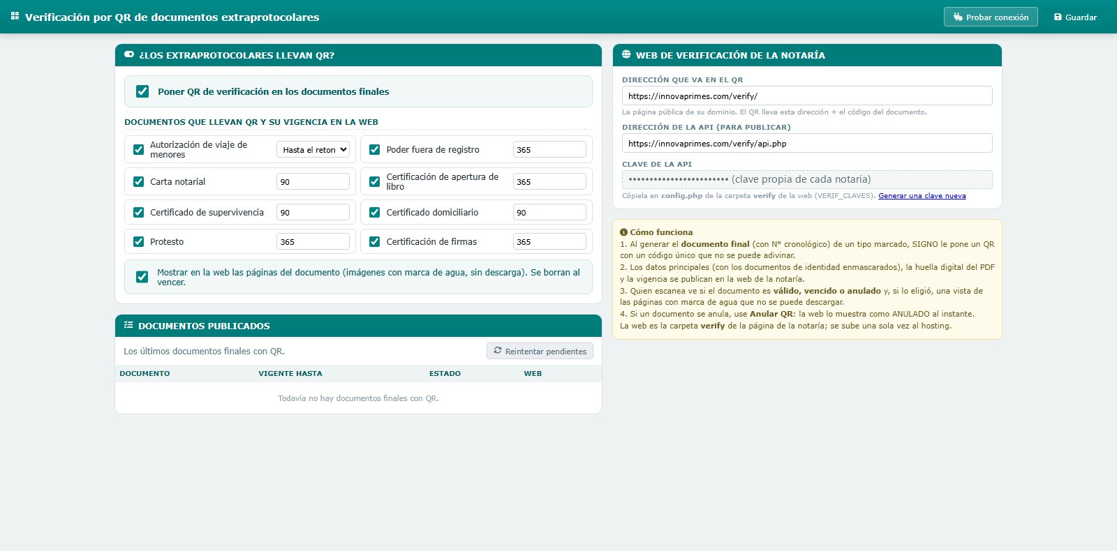 Configuración: qué documentos llevan QR y su vigencia